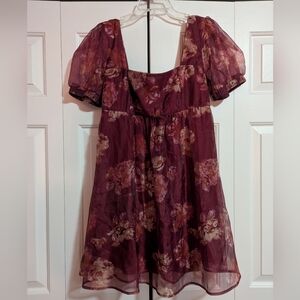 Wild Fable Burgundy Floral Baby Doll Organza Mini Dress